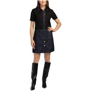 ELLEN TRACY Denim Knit Mixed Media Mini Shirt Dress